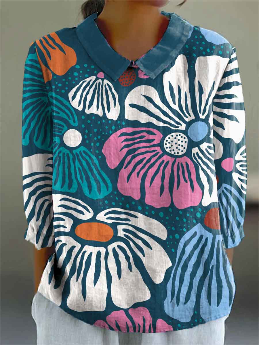 Women's Abstract Floral Pattern Print Casual Cotton And Linen 3/4 Sleeve Shirt