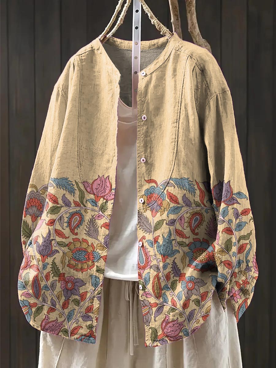 Women's Vintage Floral Art Print Casual Cotton And Linen Shirt