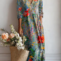 Women's Vintage Floral Art Print Casual Cotton Linen Pocket Dress