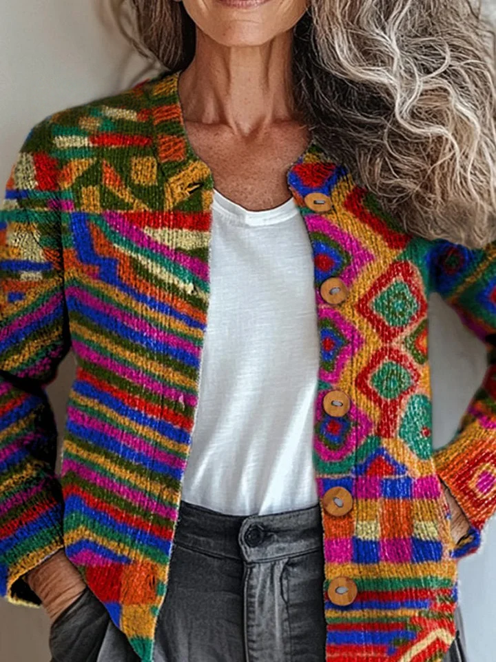 Vibrant Ethnic Pattern Printed Buttoned Cardigan Sweater