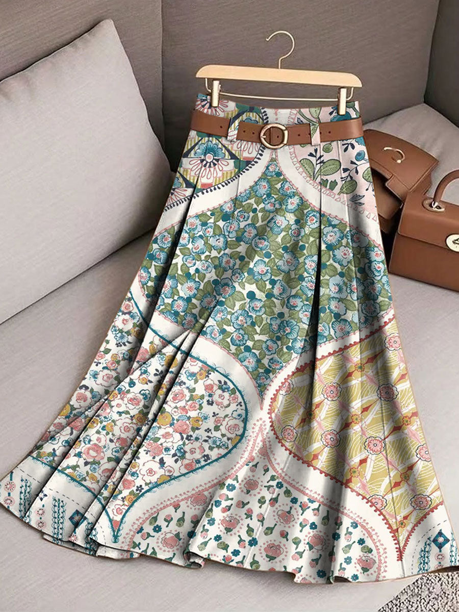 Women's Retro Flowers Pattern Casual Print Cotton Skirt
