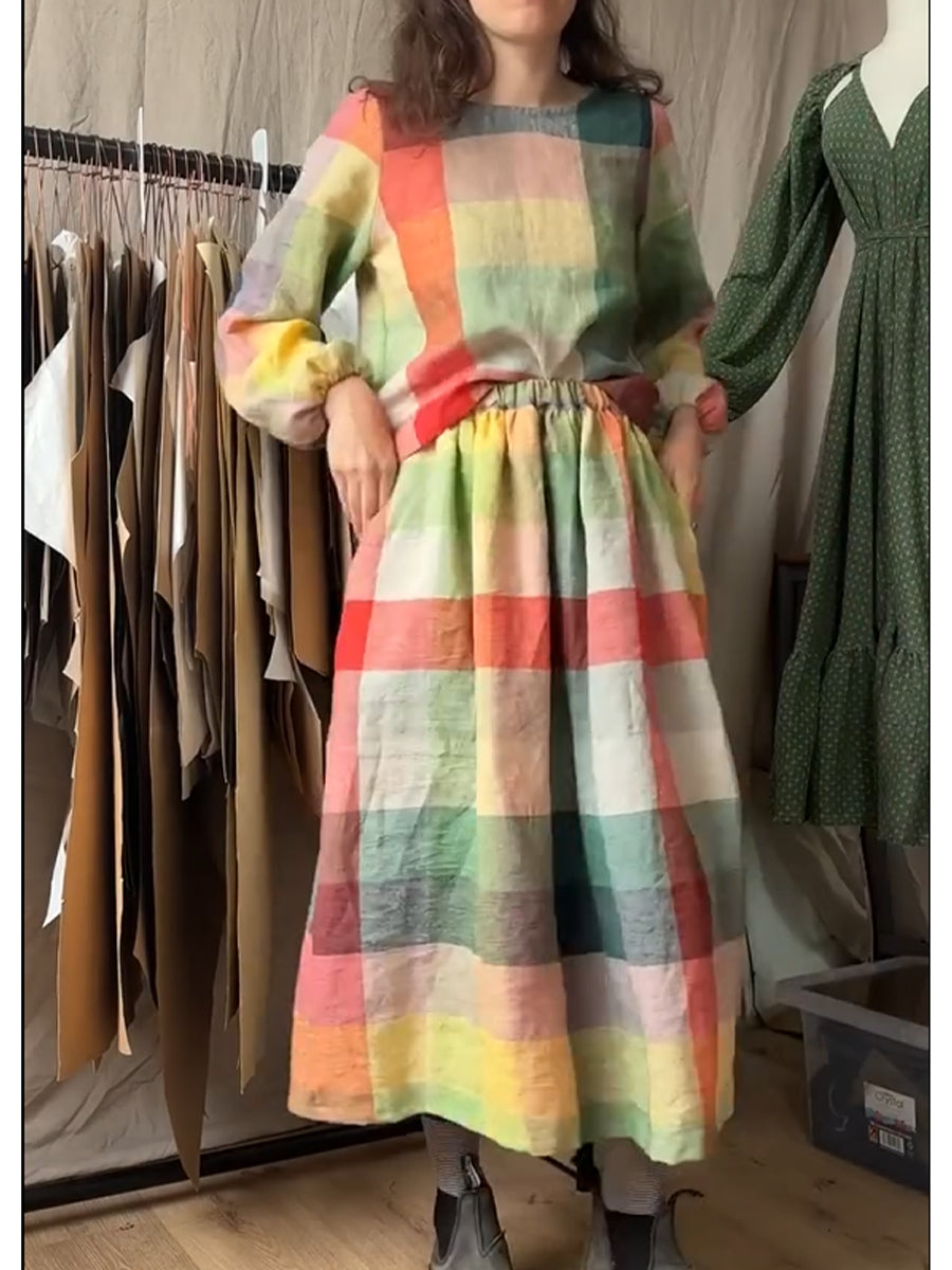 Women's Cotton And Linen Plaid Top And Skirt Two-Piece Set