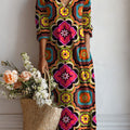Women's Vintage Abstract Geometric Art Print Linen Pocket Dress