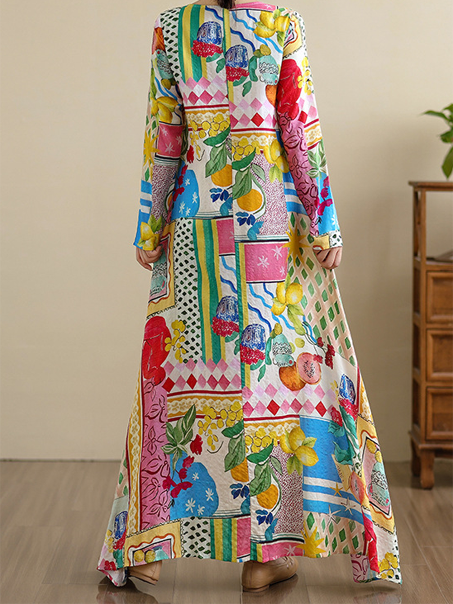 Women's Loose Plaid Lemon Print A-Line Dress