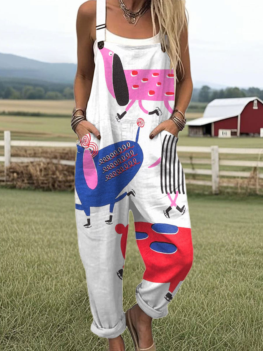 Women's  Funny Dog Art Print Casual 100% Cotton Wide Leg Jumpsuit