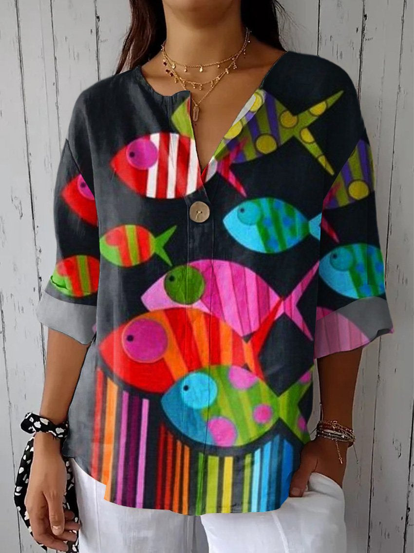 Women's Fish Art Print Casual Cotton Linen Shirt