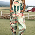 Women's Vintage Abstract Mushroom Cat Art Print Casual 100% Cotton Wide Leg Jumpsuit