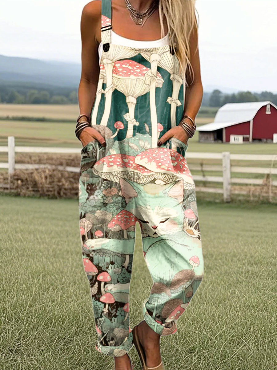 Women's Vintage Abstract Mushroom Cat Art Print Casual 100% Cotton Wide Leg Jumpsuit