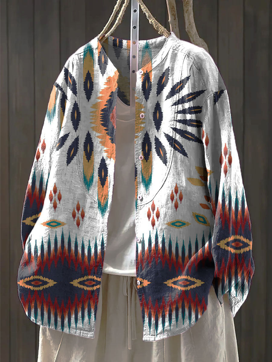 Women's Ethnic Print Casual Cotton And Linen Ruffle Shirt