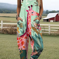 Women's Lovely Giraffe Floral Pattern Art Print Casual 100% Cotton Wide Leg Jumpsuit