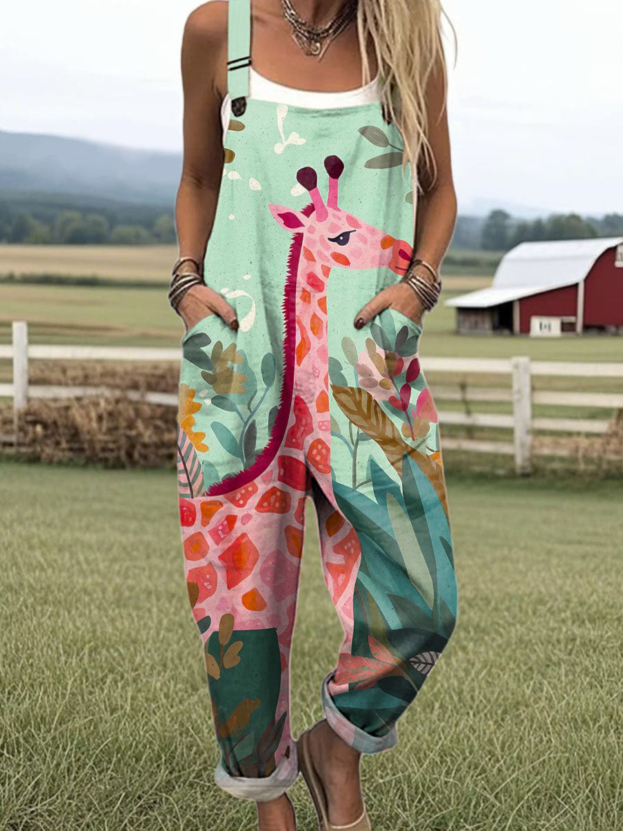 Women's Lovely Giraffe Floral Pattern Art Print Casual 100% Cotton Wide Leg Jumpsuit