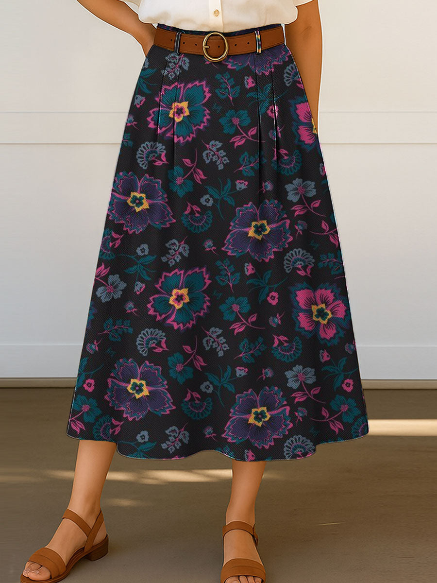 Women's Retro Floral Flowers Print High Waist Casual A-Line Skirt