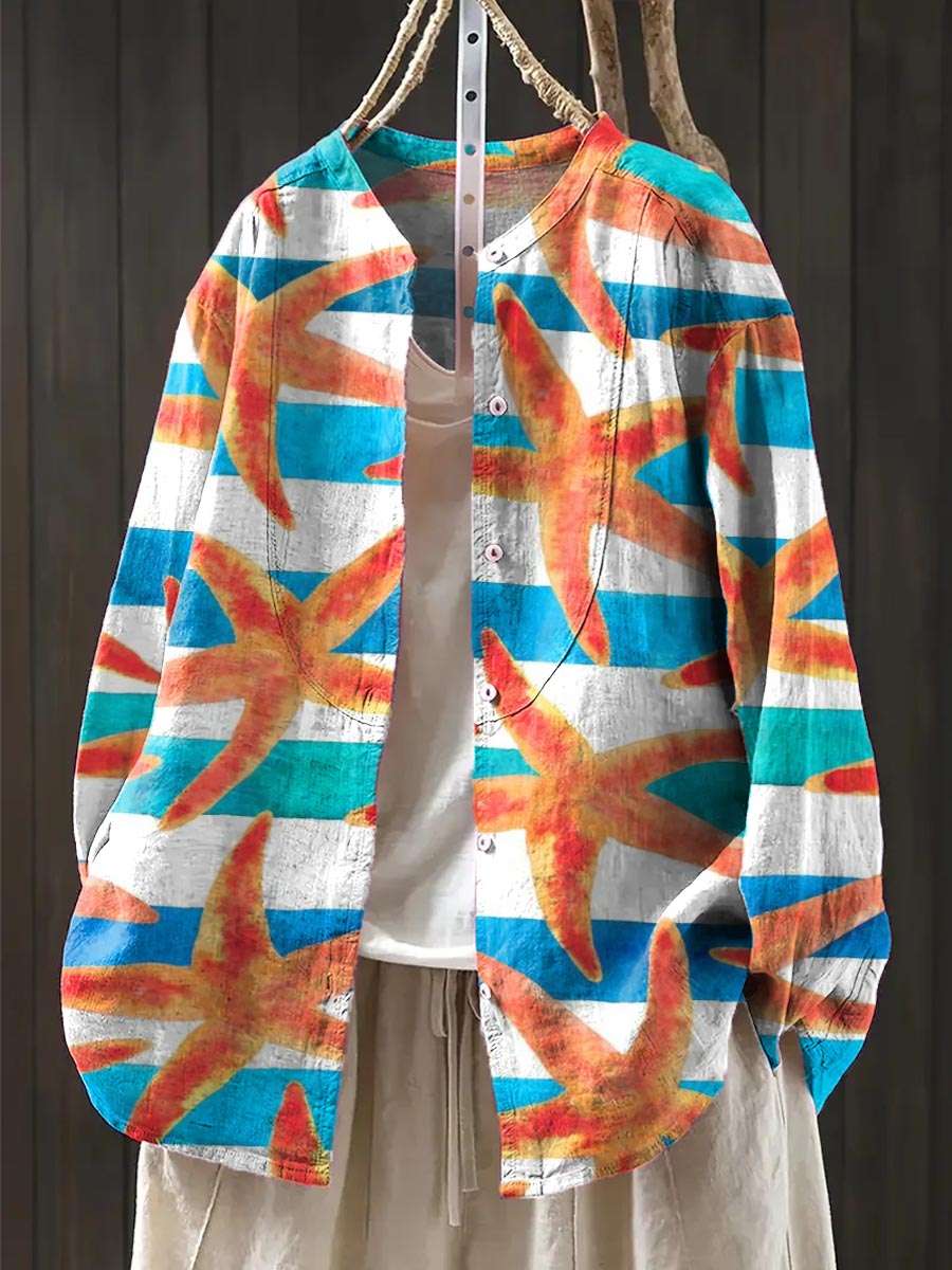 Women's Striped Starfish Print Casual Cotton And Linen Shirt