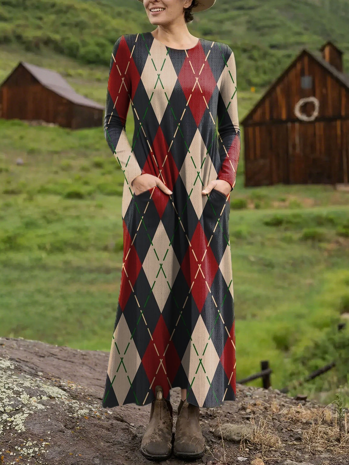 Women's Diamond Check Pattern Art Print Long-sleeved Dress