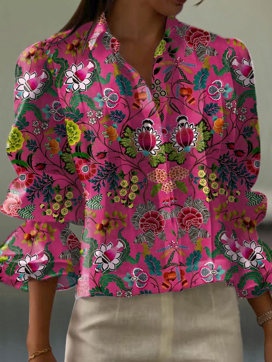 Women's  Vintage Flower Art Print Casual  Cotton And Linen Shirt