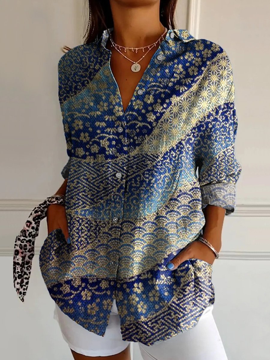 Japanese Style Pattern Printed Women's Casual Cotton Shirt