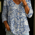 Women's Vintage Floral Pattern Art Print Casual Cotton Linen Shirt