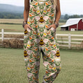 Women's Lovely Floral Bees Art Print Casual 100% Cotton Wide Leg Jumpsuit