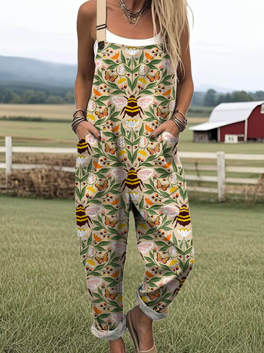 Women's Lovely Floral Bees Art Print Casual 100% Cotton Wide Leg Jumpsuit