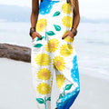 Women's Vintage Flower Art Print Casual 100% Cotton Wide Leg Jumpsuit