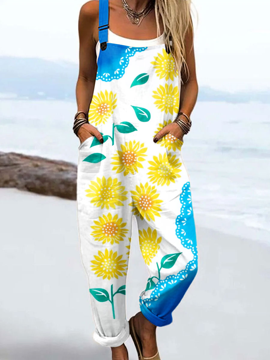 Women's Vintage Flower Art Print Casual 100% Cotton Wide Leg Jumpsuit