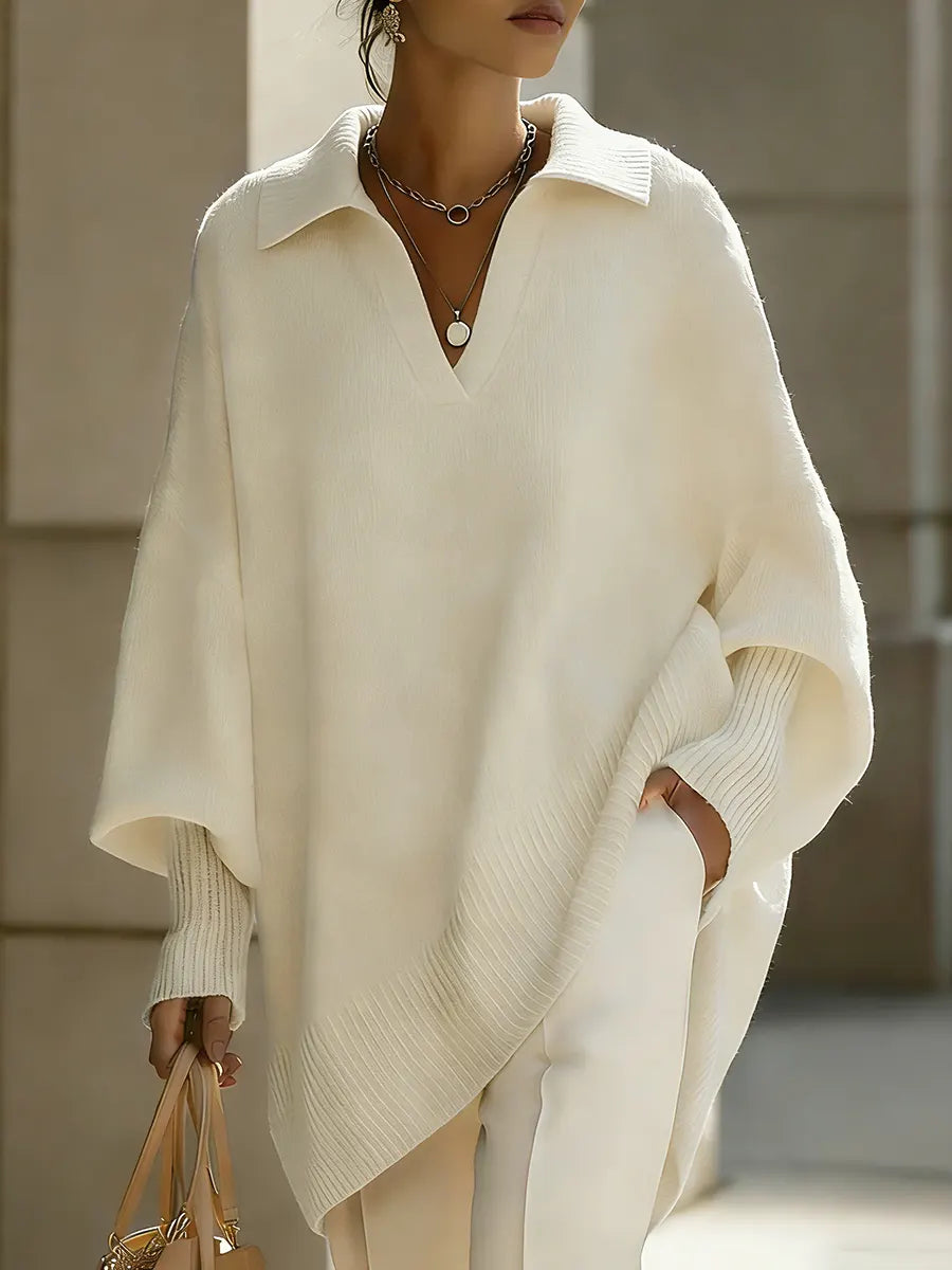 Women's Solid Color V-neck Long-sleeved Casual Loose-fitting Knitted Pullover Sweater