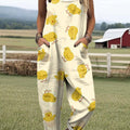 Women's Funny Chicken Art Print Casual 100% Cotton Wide Leg Jumpsuit