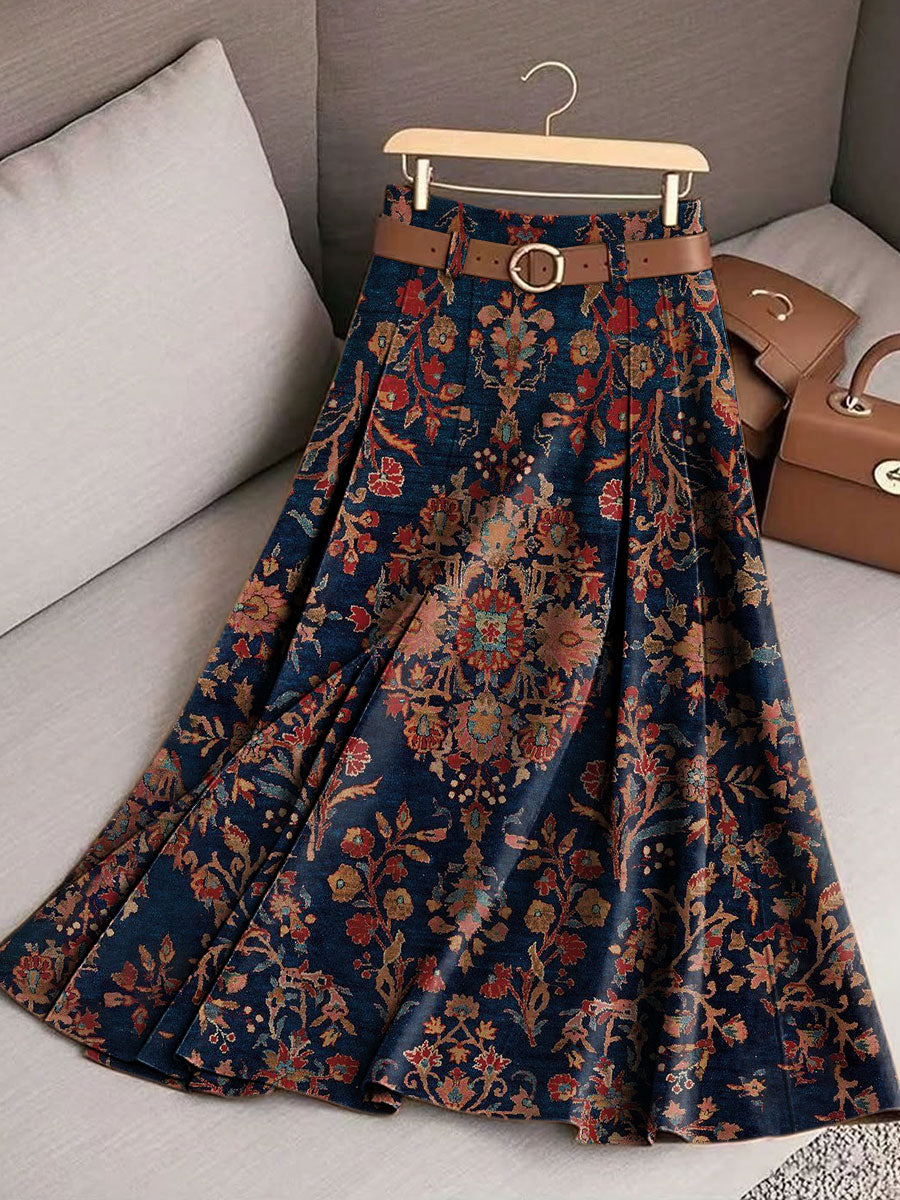 Women's Vintage Flower Art Print Casual Cotton Skirt
