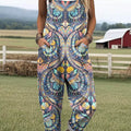 Women's Vintage Pattern Art Print Casual 100% Cotton Wide Leg Jumpsuit