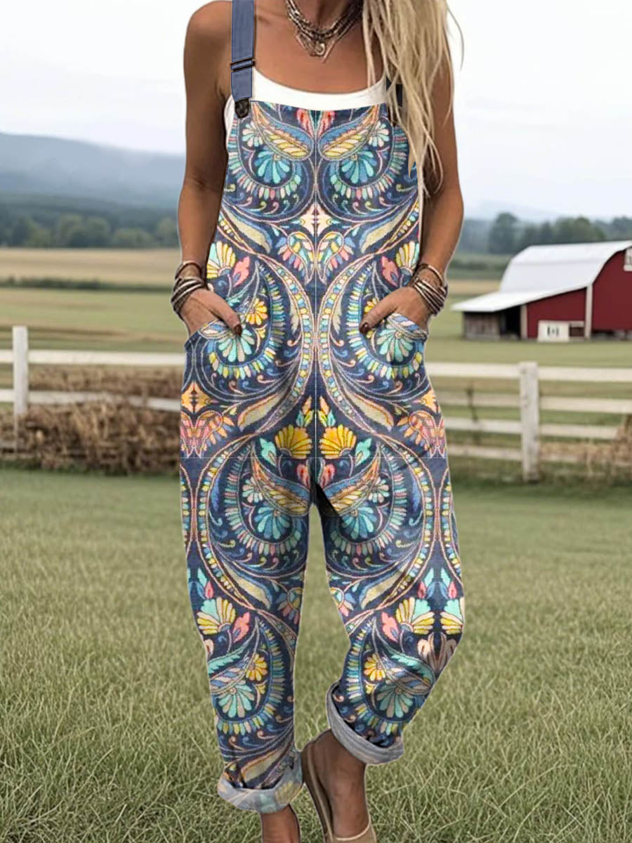 Women's Vintage Pattern Art Print Casual 100% Cotton Wide Leg Jumpsuit