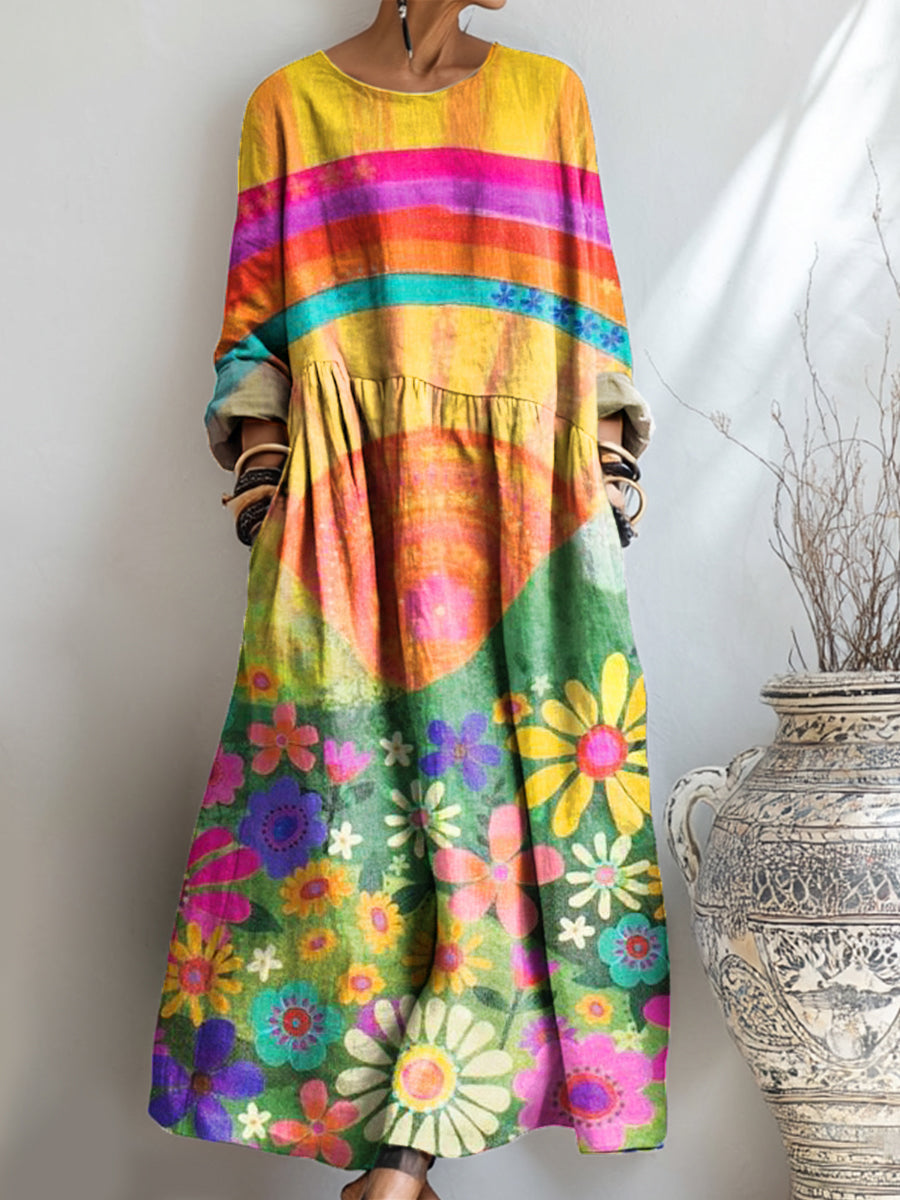 Women's Beautiful Colorful Abstract Floral Sun Painting Art Print Pocket Cotton Dress