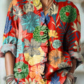 Women's Colorful Ethnic Floral Painting Art Print Casual Cotton And Linen Ruffle Shirt