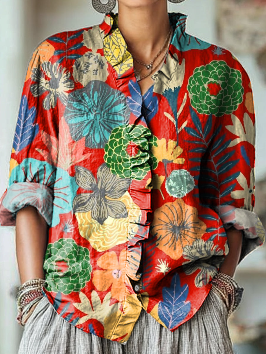 Women's Colorful Ethnic Floral Painting Art Print Casual Cotton And Linen Ruffle Shirt