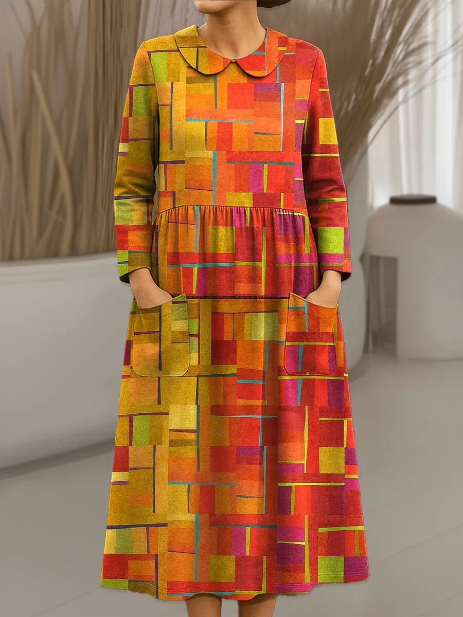 Women's Vintage Abstract Geometry Pattern Art Print Cotton Lapel Shirt Dress