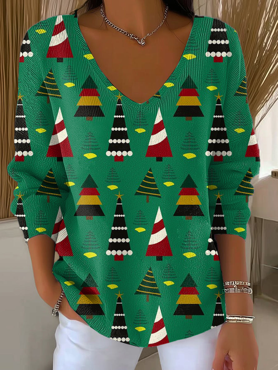 Women's Winter Christmas Tree Plaid Painting Art Print Casual Pullover Sweater