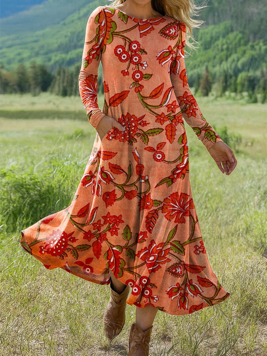 Women's Retro Floral Art Print Long-sleeved Dress