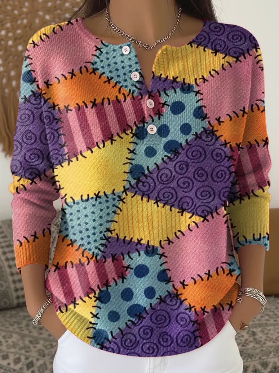 Women's Vintage Patchwork Pattern Art Print Buttoned Cardigan Sweater