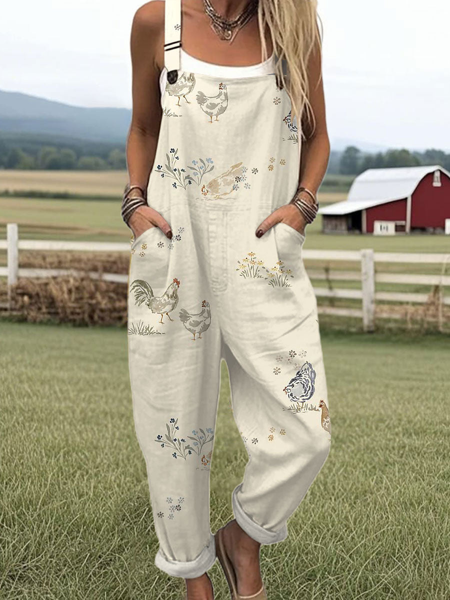 Women's Vintage Chick  Art Print Casual 100% Cotton Wide Leg Jumpsuit