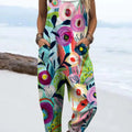 Women's Vintage Floral Art Print Casual 100% Cotton Wide Leg Jumpsuit