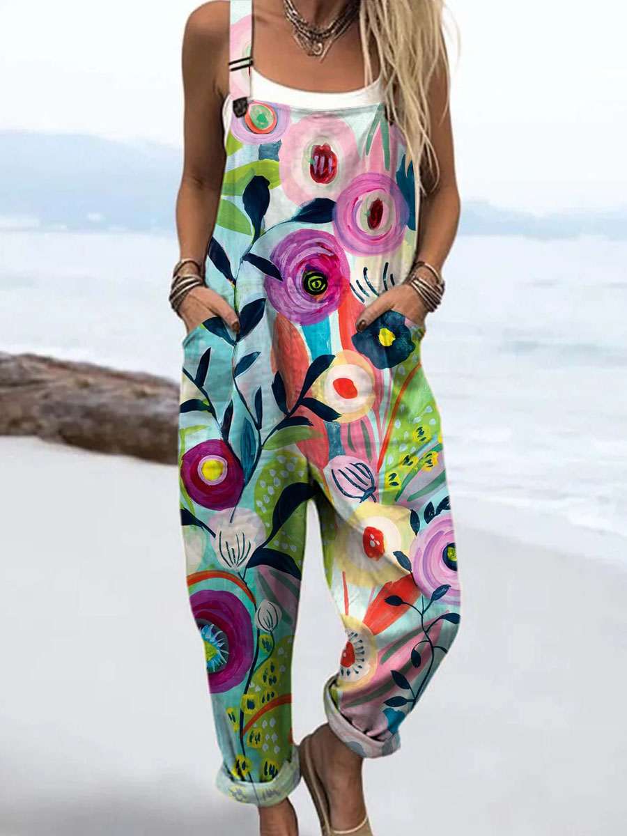 Women's Vintage Floral Art Print Casual 100% Cotton Wide Leg Jumpsuit