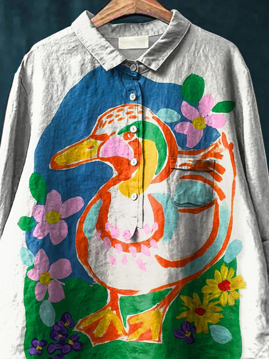 Lovely Duck And Spring Pond Printed Women's Casual Cotton And Linen Shirt