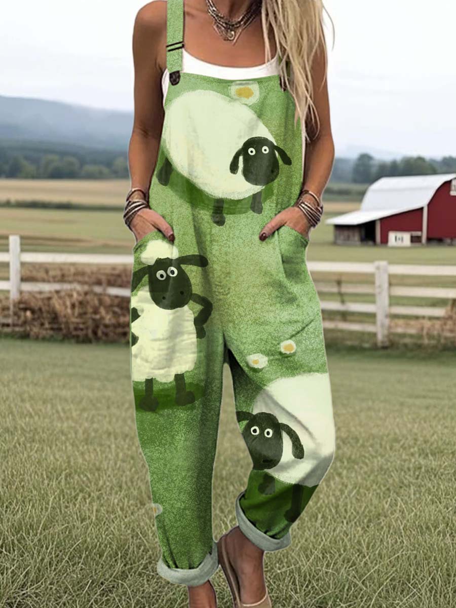 Women's Funny Sheep Pattern Art Print Casual 100% Cotton Wide Leg Jumpsuit
