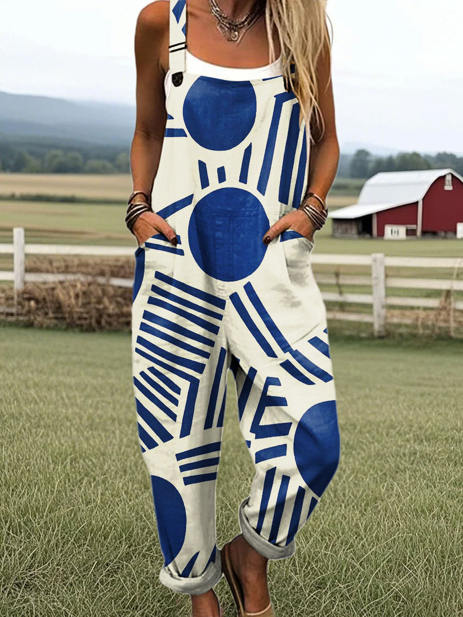 Women's Abstract Geometric Art Print Casual 100% Cotton Wide Leg Jumpsuit