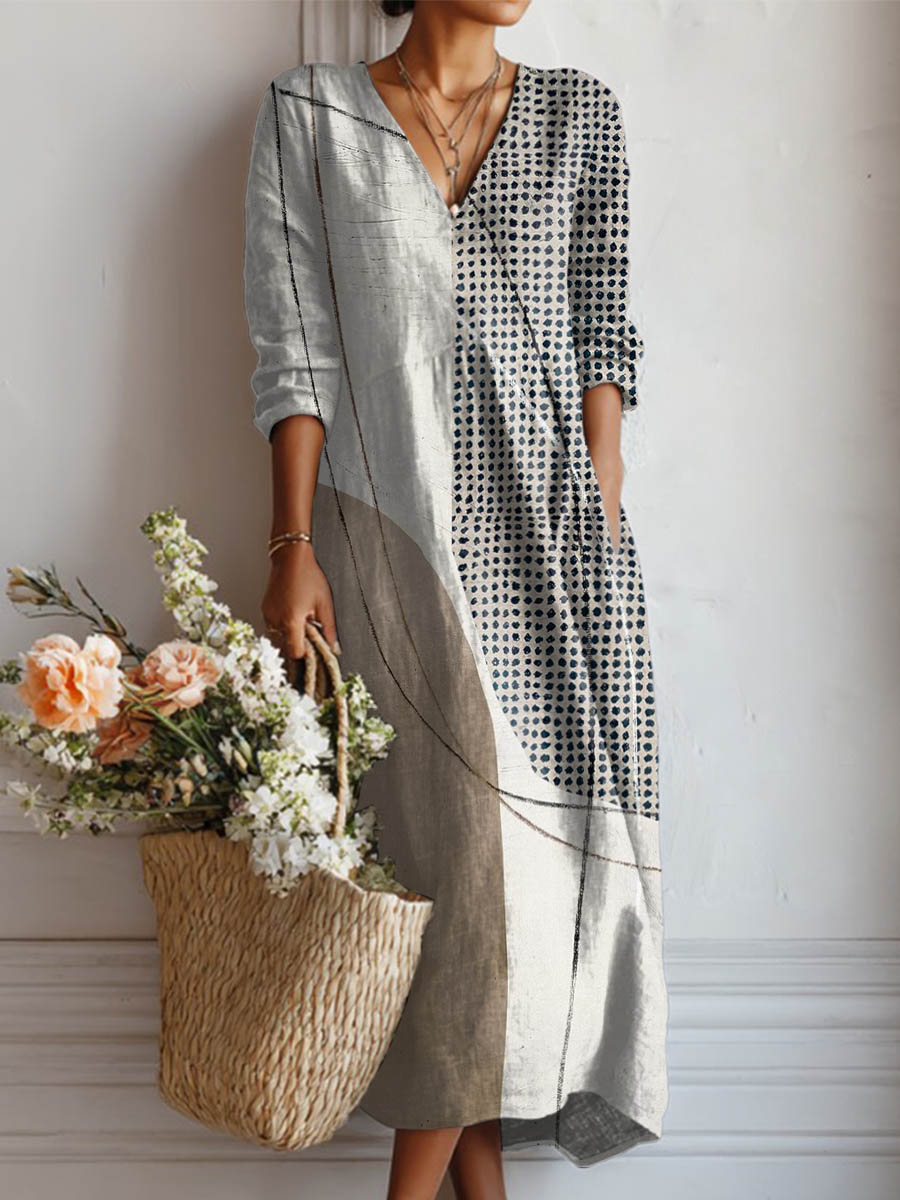 Women's Geometric Pattern Art Print Casual Cotton Linen Pocket Dress