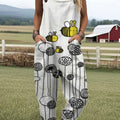 Women's  Funny Bee Art Print Casual 100% Cotton Wide Leg Jumpsuit