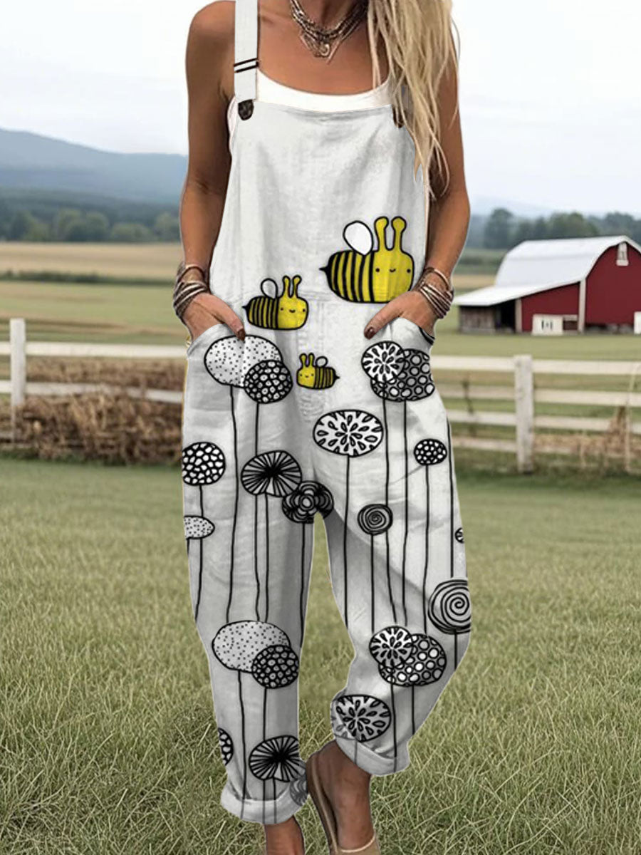 Women's  Funny Bee Art Print Casual 100% Cotton Wide Leg Jumpsuit