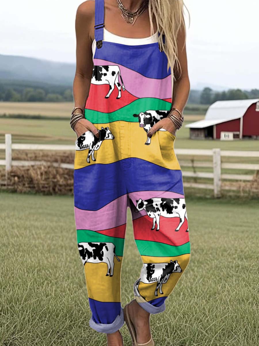 Women's Lovely Cow Art Print Casual 100% Cotton Wide Leg Jumpsuit