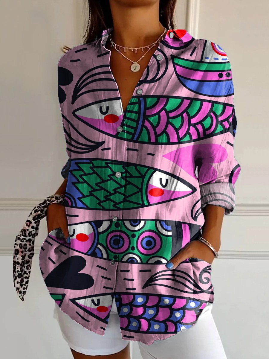 Lovely Line Drawing Fish Pattern Printed Women's Casual Cotton Shirt