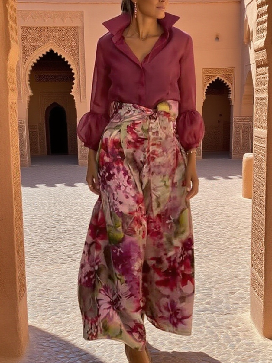 Elegant Lantern Sleeve Top and Floral Skirt Two-Piece Set