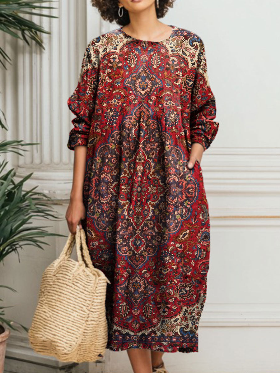 Women's Vintage Flower Art Print Pocket Cotton Dress